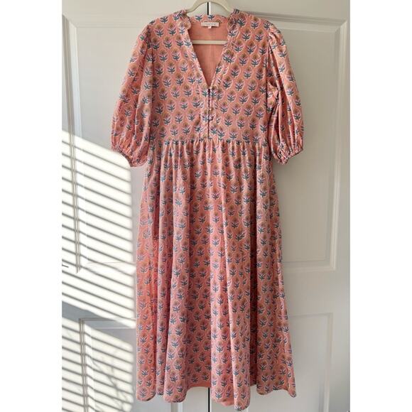 Marea Colette Coral Multi Floral Short Puff Sleeves Cottagecore Midi Dress Large - Picture 3 of 12